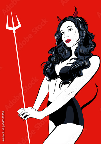 Beautiful devil girl with a pitchfork and tail. Vector illustration.