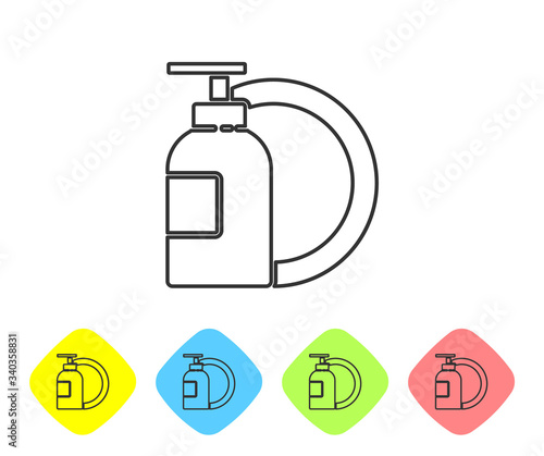 Grey line Dishwashing liquid bottle and plate icon isolated on white background. Liquid detergent for washing dishes. Set icons in color rhombus buttons. Vector Illustration