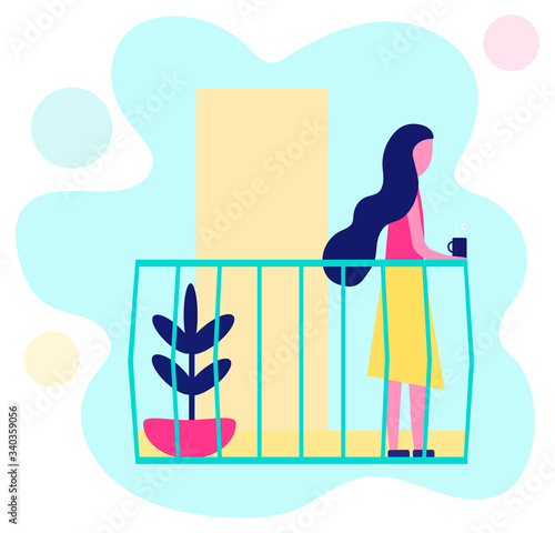 Woman standing on the balcony and drinks coffee. Isolation of during the coronavirus. Vector illustration in flat style.