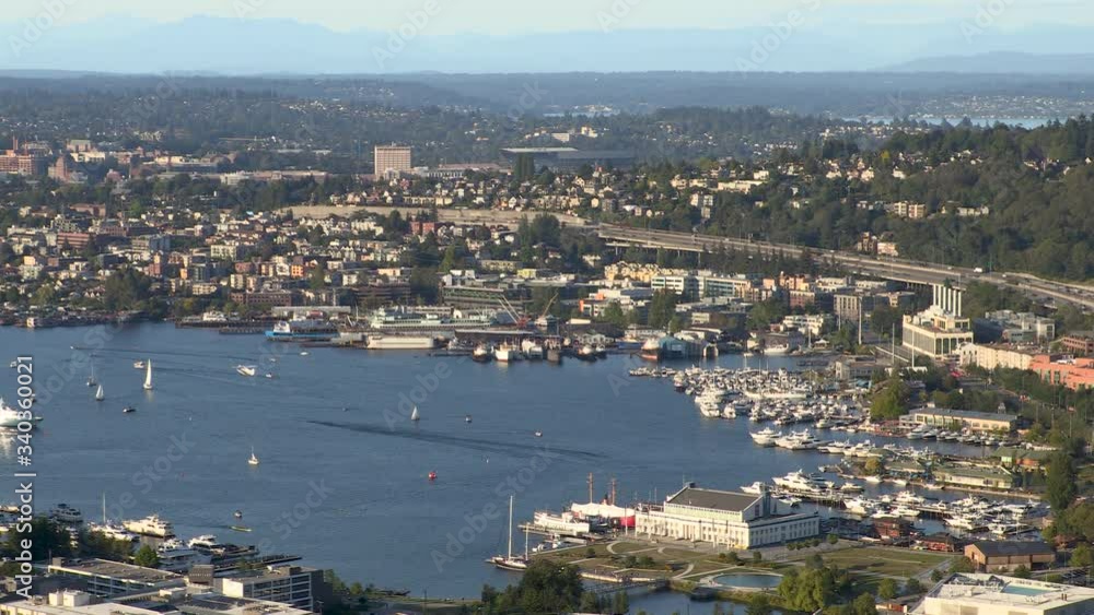 Aerial view of float plane taking off from Lake Union, Seattle, Washington, USA
