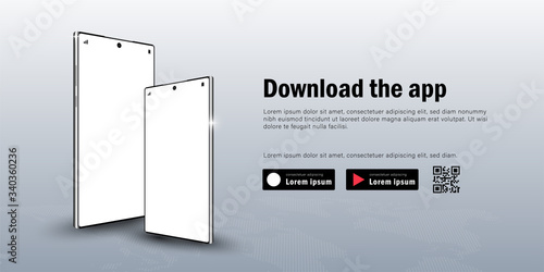 Web banner of Mobile Smartphone mockup with Advertisement for downloading the app, QR Code and buttons template