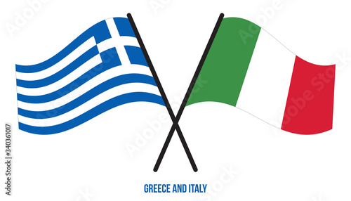 Greece and Italy Flags Crossed And Waving Flat Style. Official Proportion. Correct Colors