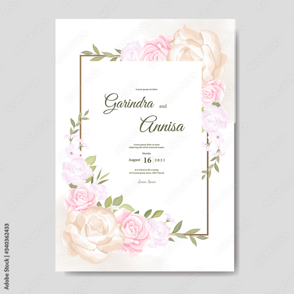 Beautiful wedding invitation card template set with floral and leaves frame Premium Vector