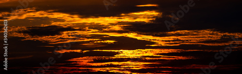 Amazing sunset and sunrise.Panorama silhouette tree in africa with sunset.Beautiful blazing sunset landscape at over the meadow and orange sky above it.Safari theme.