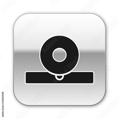 Black Otolaryngological head reflector icon isolated on white background. Equipment for inspection the patient's ear, throat and nose. Silver square button. Vector Illustration