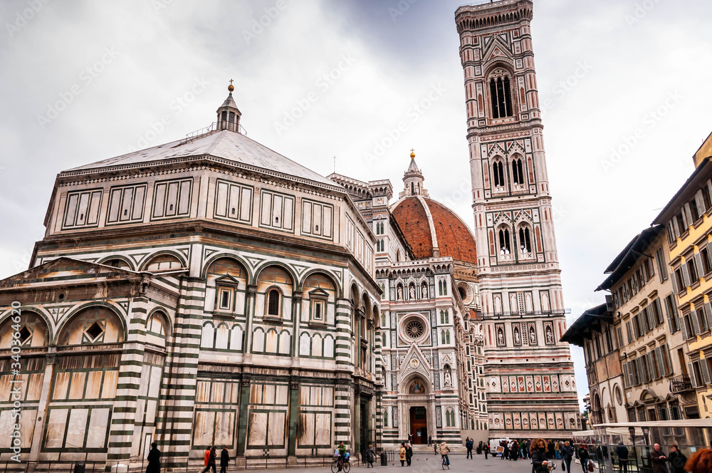 Cathedral of Santa Maria del Fiore and Baptistery of St. John and the Campanile in Florence in Tuscany, Italy