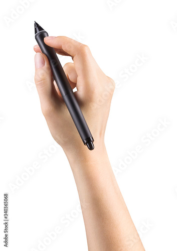 Hand holding digital graphic pen and drawing something isolated on white