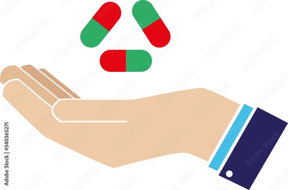 Medication in hand icon. Health issues. Hand palm protection symbol. Caring for your health. Medical protection. Tablet and capsule logo. Day of medicine. Medical treatment. Vitamins