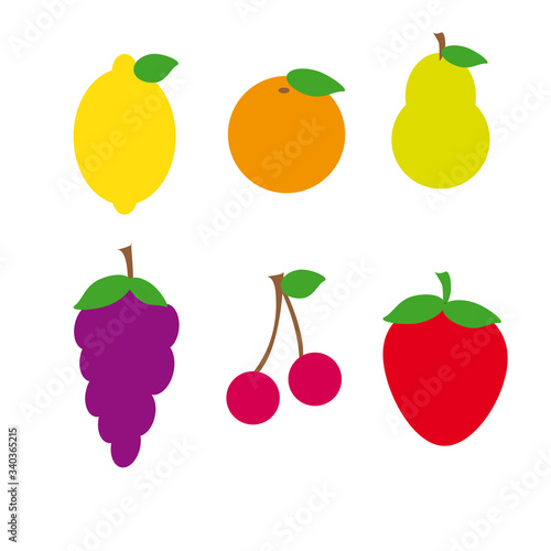 Set of fruit. Cartoon flat style, simple colorful design. Isolated on white background. Doodle fruits. Natural tropical fruit, doodles citrus orange and vitamin lemn, pear and grape. photo
