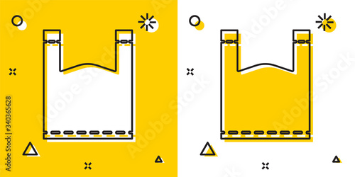 Black Plastic bag icon isolated on yellow and white background. Disposable cellophane and polythene package prohibition sign. Random dynamic shapes. Vector Illustration