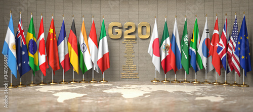 G20 summit or meeting concept. Row from flags of members of G20 Group of Twenty and list of countries in a conference room.