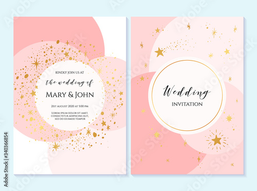 Rustic elegant wedding invitation template with gold stars. Design layout for menu, greeting card, flyer, beauty, anniversary, baby shower, bridal boho element.