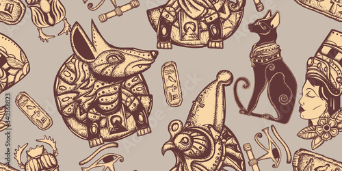 Ancient Egypt vintage seamless pattern. Egyptian pharaoh, black cats, sacred scarab. Old history and culture background