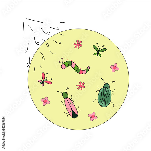 Insect spray. Hand drawn vector illustration. Mosquitoes, caterpillar with spray on background. Black contour doodle, line art For card, logo, badge. Minimalist, cartoon style.
