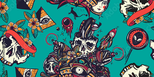 Sci-fi seamless pattern. Dead spaceman, astronaut, gun blaster, UFO abducts cat, rocket, meteor. Old school tattoo background. Traditional tattooing style. Space adventure