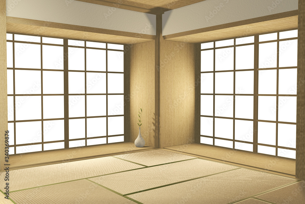 Empty big room Japanese tropical style. 3D rendering Empty big room Japanese tropical style. 3D rendering