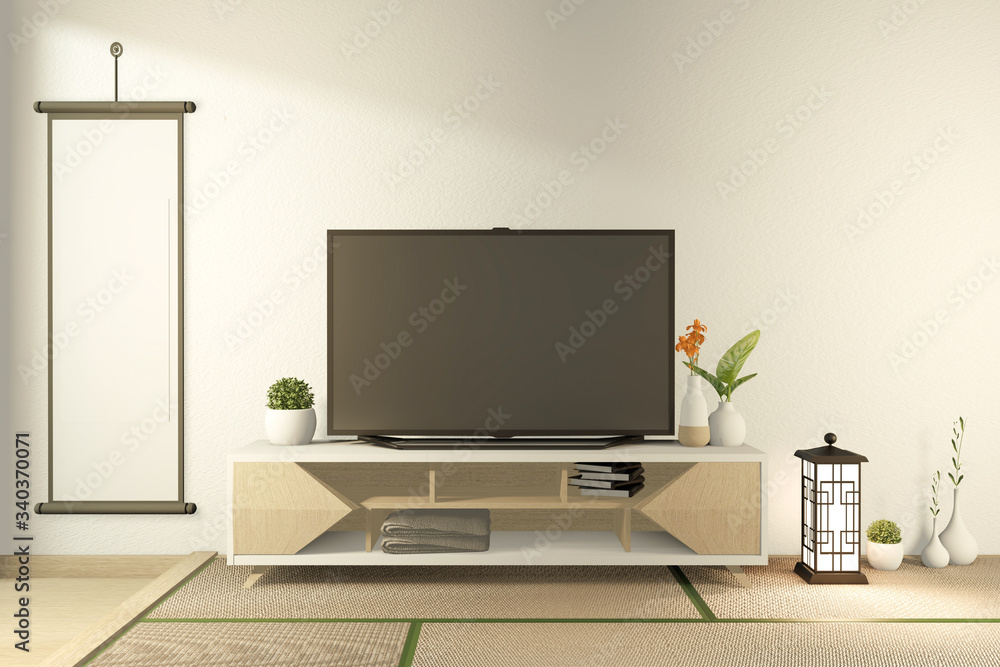 Tv cabinet in tropical empty room Japanese - zen style,minimal designs. 3D rendering Tv cabinet in tropical empty room Japanese - zen style,minimal designs. 3D rendering