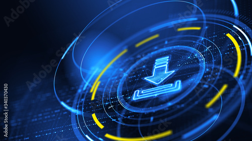 Foto Technology data storage network concept - Download icon with abstract circles and technology background