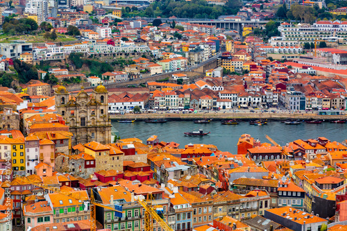 Aerial view of old historical buildings of Porto city and Vila Nova de Gaia with Douro River, Portugal