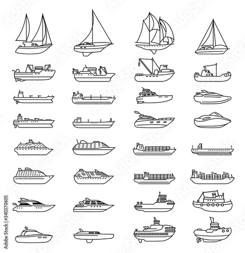 Ships and boats set. Barge and cargo ship, tanker, sailing vessel, cruise liner, tugboat, fishing and speed boat.