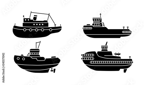 Set of tugboats. Collection of towboat ships in flat style.