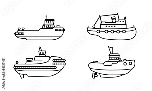 Set of tugboats. Collection of towboat ships in flat style.