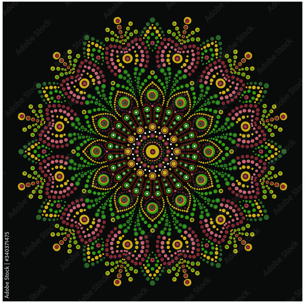 Spot painting point to point. Abstract design of mandala in dot paint style. Aboriginal-style dot painting. Yoga t shirt design Spot painting point to point. Abstract design of mandala in dot paint style. Aboriginal-style dot painting. Yoga t shirt design