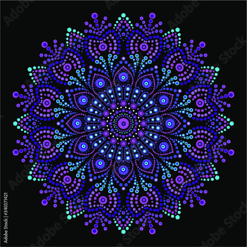 Spot painting point to point. Abstract design of mandala in dot paint style. Aboriginal-style dot painting. Yoga t shirt design