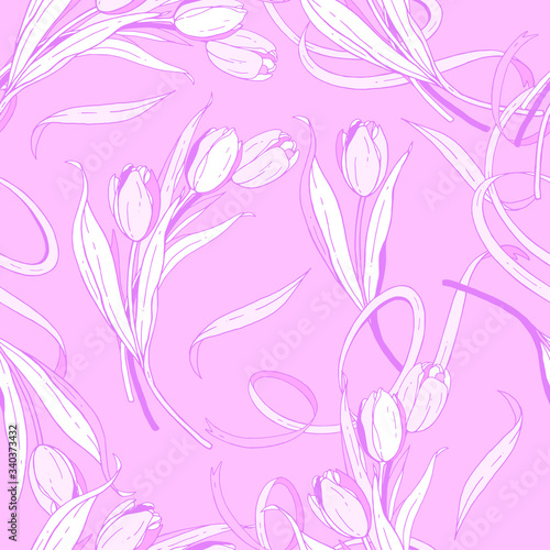 Bouquet of tulips with ribbons on pink background. Handwork vector drawing. Seamless pattern for design