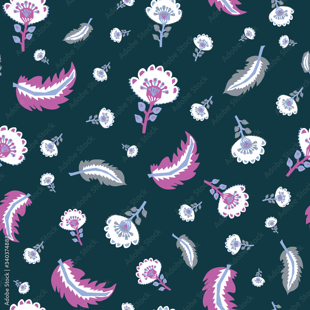 Folk 60s gypsy floral with feathers on purple background. Great for home decor, wrapping, scrapbooking, wallpaper, gift, kids. Folk 60s gypsy floral with feathers on purple background. Great for home decor, wrapping, scrapbooking, wallpaper, gift, kids.