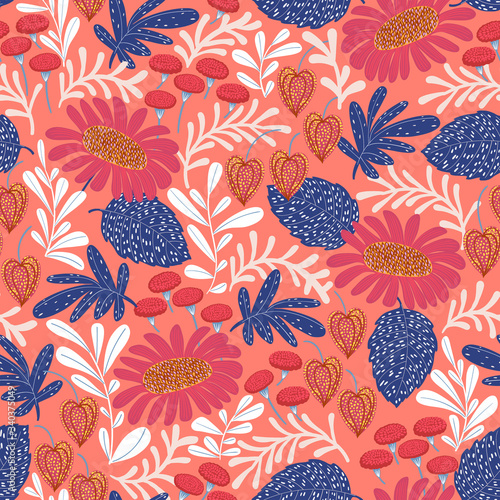 Vector seamless floral pattern with bold flower shapes