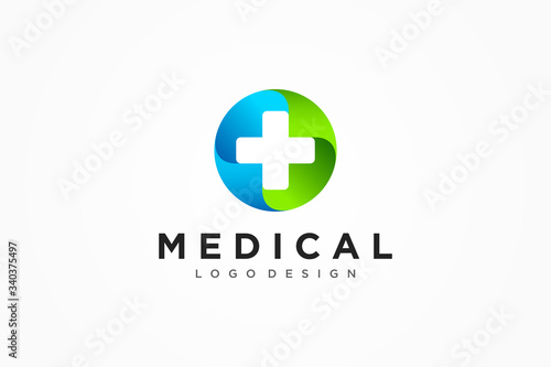 Medical Logo Healthcare Symbol. White Cross Sign Negative Space with Green Blue Circle Origami isolated on White Background. Flat Vector Logo Design Template Element.