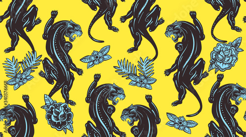 Black panthers and flowers seamless pattern. Old school tattoo style. Pop culture style. Aggressive wild cats, animals background. Traditional tattooing art