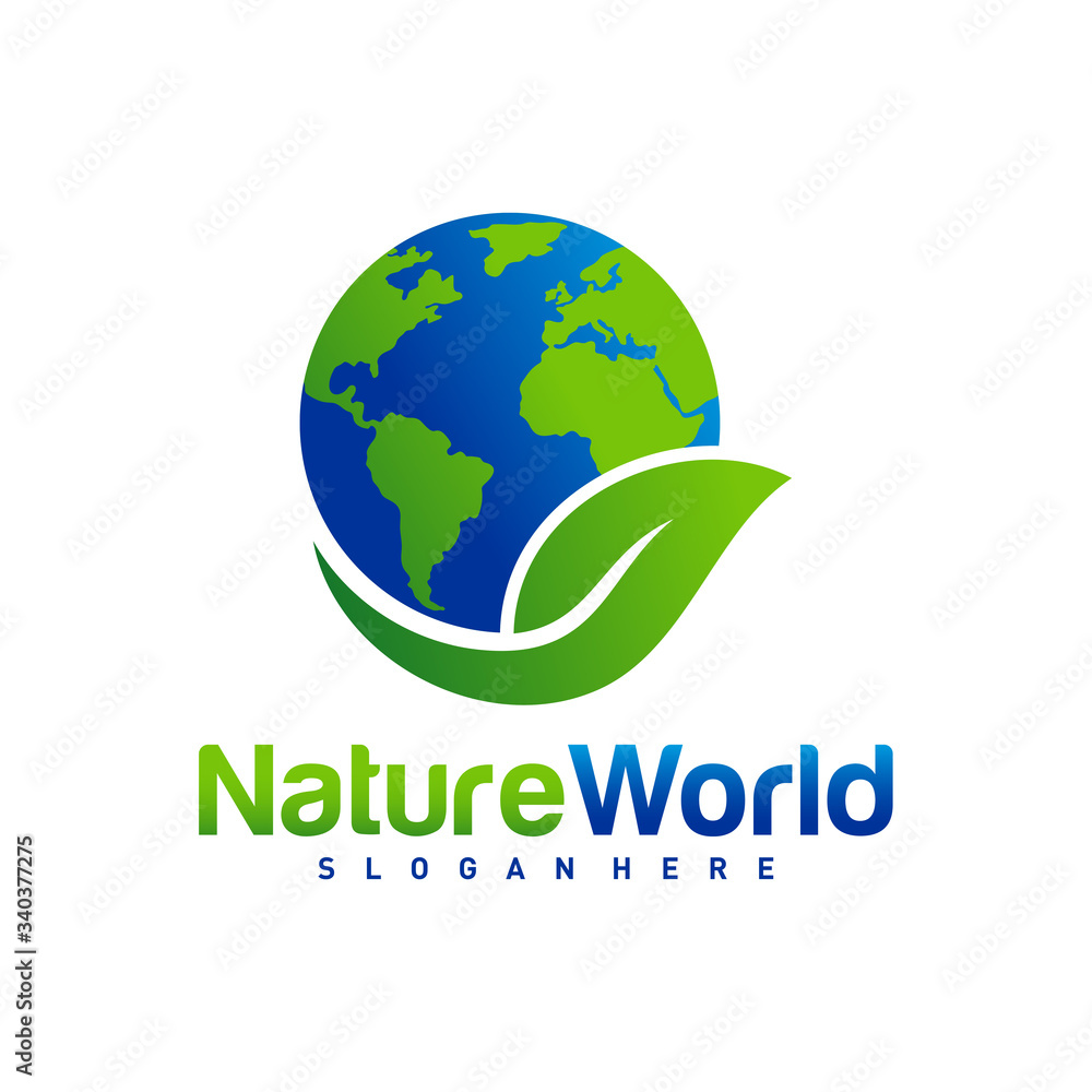 Nature World logo design template vector. Earth with Leaf logo concept. Planet and eco symbol or icon. Unique global and natural, organic logotype design template. Nature World logo design template vector. Earth with Leaf logo concept. Planet and eco symbol or icon. Unique global and natural, organic logotype design template.