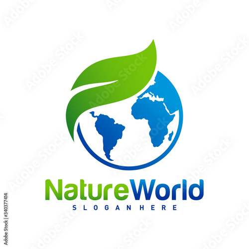 Nature World logo design template vector. Earth with Leaf logo concept. Planet and eco symbol or icon. Unique global and natural, organic logotype design template.
