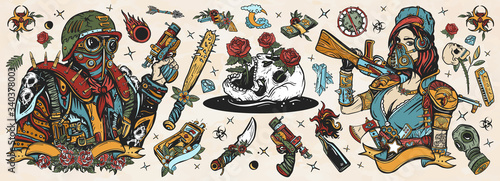 Post apocalypse. Old school tattoo collection. Post apocalyptic man warrior, soldier woman in gas mask. Doomsday girl and gun, end of world elements. People and weapon of dark future. Nuclear war set