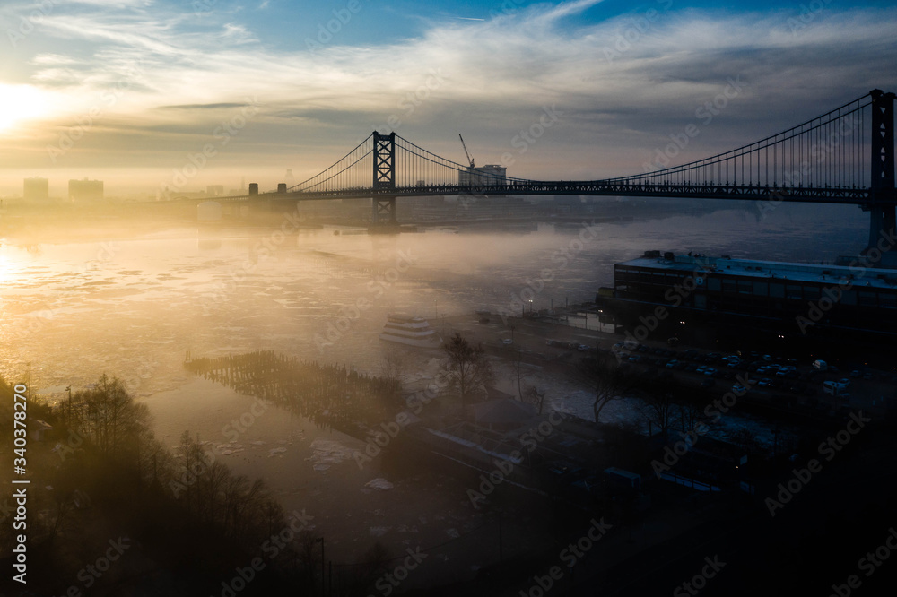 Aerial Drone Sunrise of Foggy Philadelphia Aerial Drone Sunrise of Foggy Philadelphia