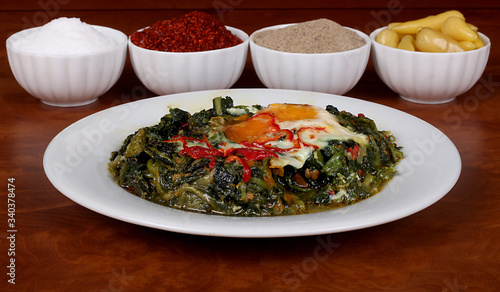 excellent turkish food, egg spinach and spicy on plate