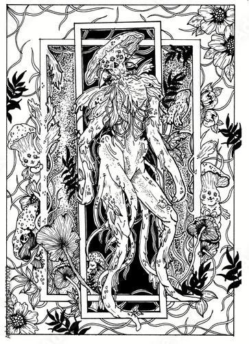 Magic dark creature, horror character, giant forest mushroom in hat with pointed ears, with big powerful legs, roots and tentacles, surrounded by plants, leaves, flowers and small cute kid mushrooms.