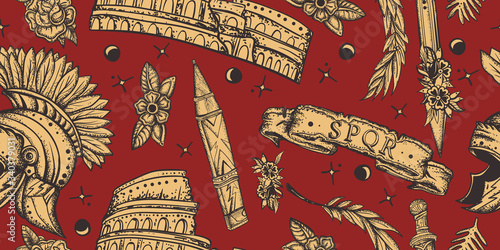 Ancient Rome seamless pattern. Old school tattoo art. Spartan helmet, sword, shield and Colosseum. History and culture of Italy