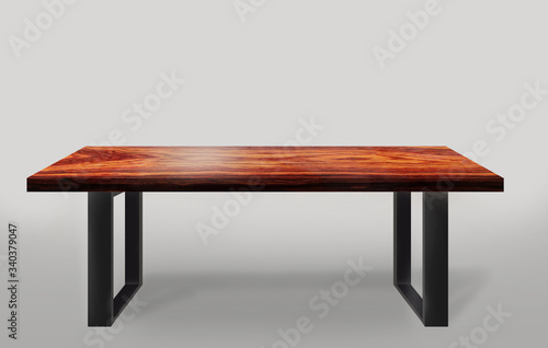 Table modern style made of rosewood burl striped legs made of steel on floor gray background