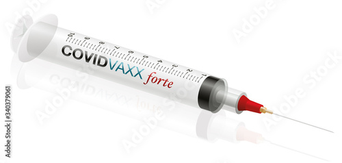 Covid vaccine syringe called COVID VAXX FORTE. Symbolic for mass vaccination and global coronavirus immunization campaign of the pharma industry. Vector on white.
