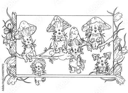 Cartoon fairytale characters, magic funny kids, cute small mushrooms in different hats and poses, with flowers and leaves, chubby cheeks and little muzzles, with wings and short paws, set concept art.
