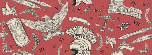 Ancient Rome seamless pattern. Old school tattoo style. Roman eagle, spartan helmet, sword, shield and Colosseum. History of Italy. Traditional tattooing background