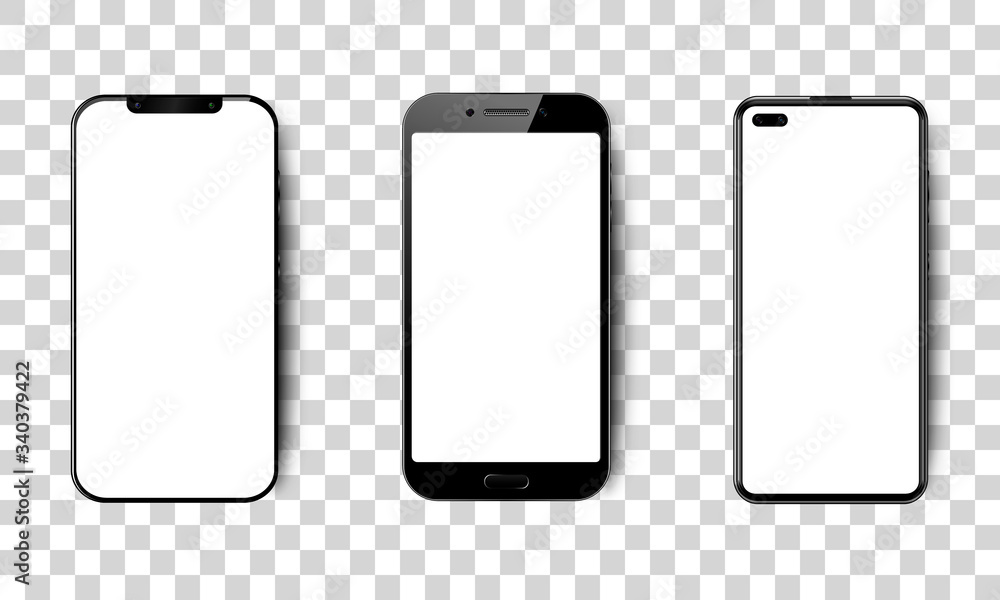 Set of realistic smartphones with blank screen, black cellphone with empty screen on isolated background, vector illustration Set of realistic smartphones with blank screen, black cellphone with empty screen on isolated background, vector illustration