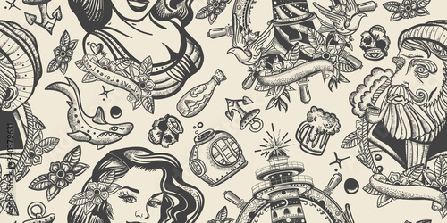 Sea adventure seamless pattern. Retro background. Old school tattoo style. Sea wolf captain and sailor girl. Traditional tattooing art