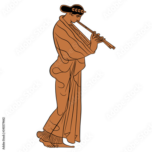 Standing ancient Greek woman playing flute. Vase painting style. Isolated vector illustration. Monochrome silhouette.