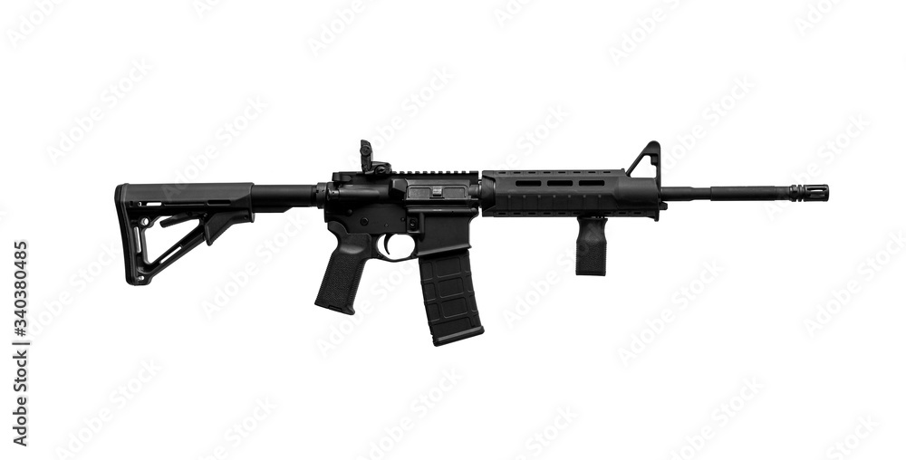 Modern automatic rifle isolated on white. Weapons for police, special forces and the army. Automatic carbine with mechanical sights. Modern automatic rifle isolated on white. Weapons for police, special forces and the army. Automatic carbine with mechanical sights.