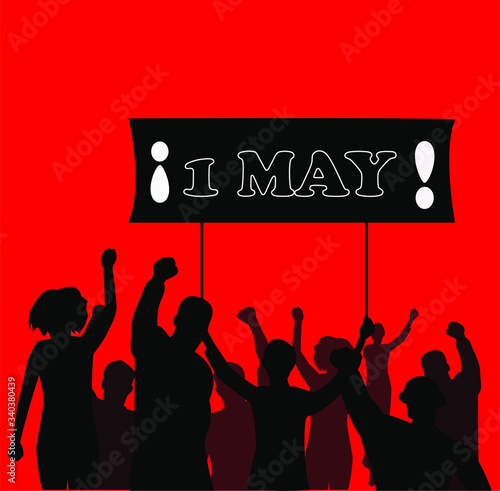 Día del trabajador, conmemoración del Primero de mayo, Día del trabajo, siluetas de personas en una manifestación con un cartel del Primero de mayo