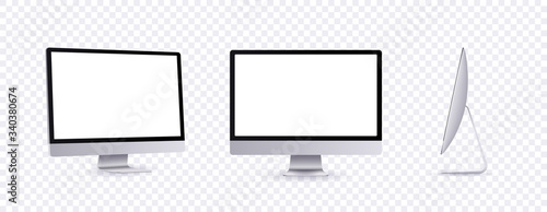 Personal computer mockup in front, side and angle view. Silver modern flat monitor for business presentation or website design show. Empty screen device set template, 3d vector illustration.
